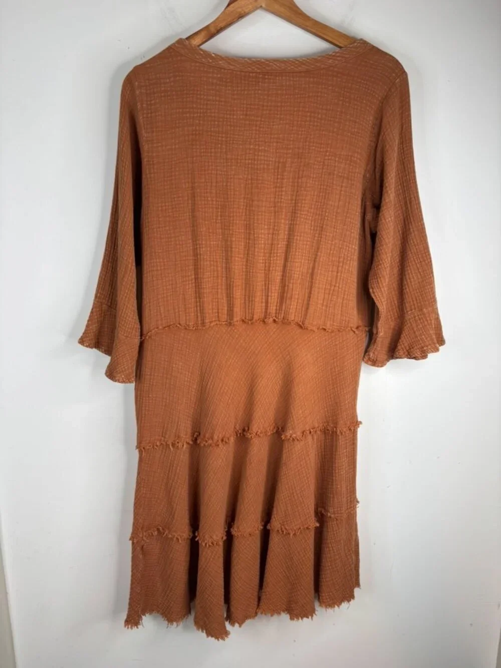 Easel Gauze Dress M Rust Button Front 3/4 Flare Sleeve Boho Minimalist Prairie